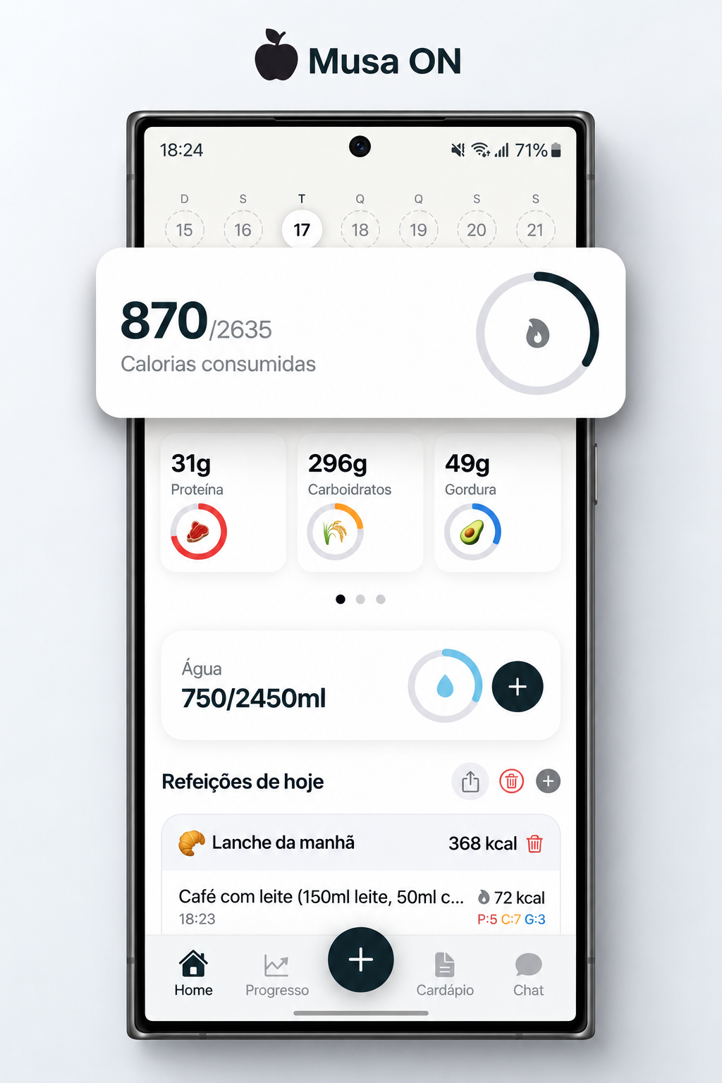 Recriação da arte MusaON: telemóvel com calorias, nutrientes, registo de água e refeições do dia.
